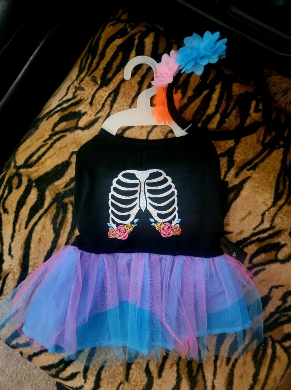 Pet Dog Or Cat Black Skeleton Tutu Costume with Flower Head Band Halloween Sm.